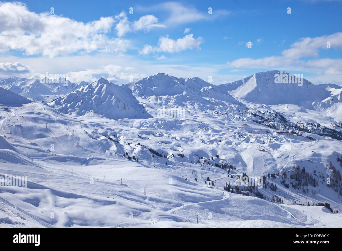 View of slopes near Belle Plagne, La Plagne, Savoie, French Alps, France Stock Photo