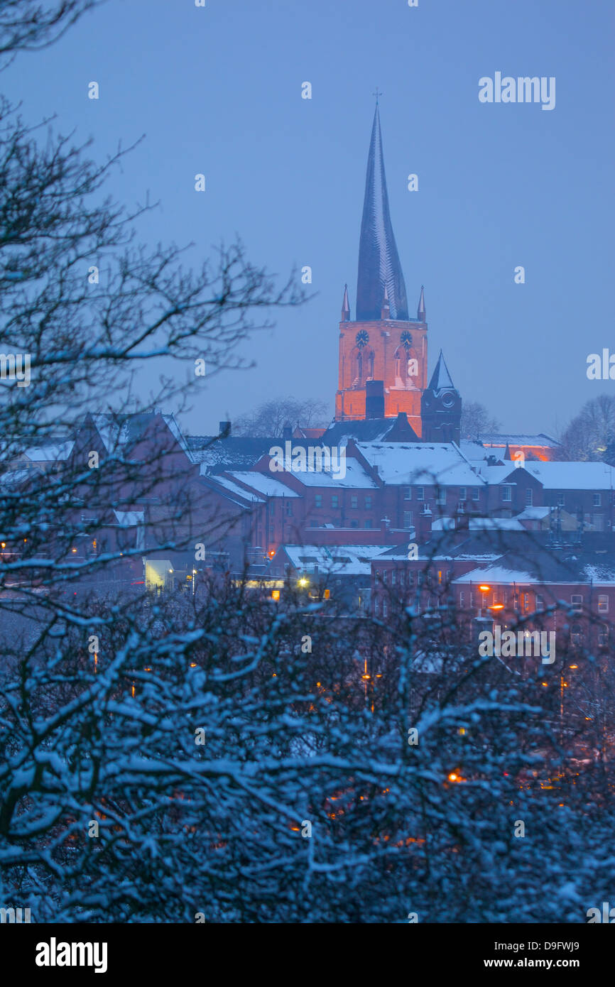 View of town and Crooked Spire Church, Chesterfield, Derbyshire, England, UK Stock Photo