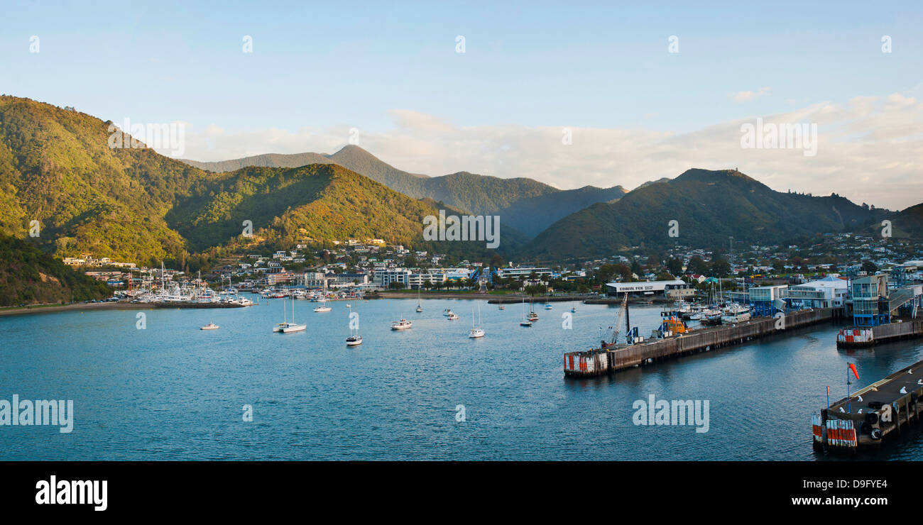 Boats in Picton Harbour and the town centre, Picton, Marlborough Region, South Island, New Zealand Stock Photo
