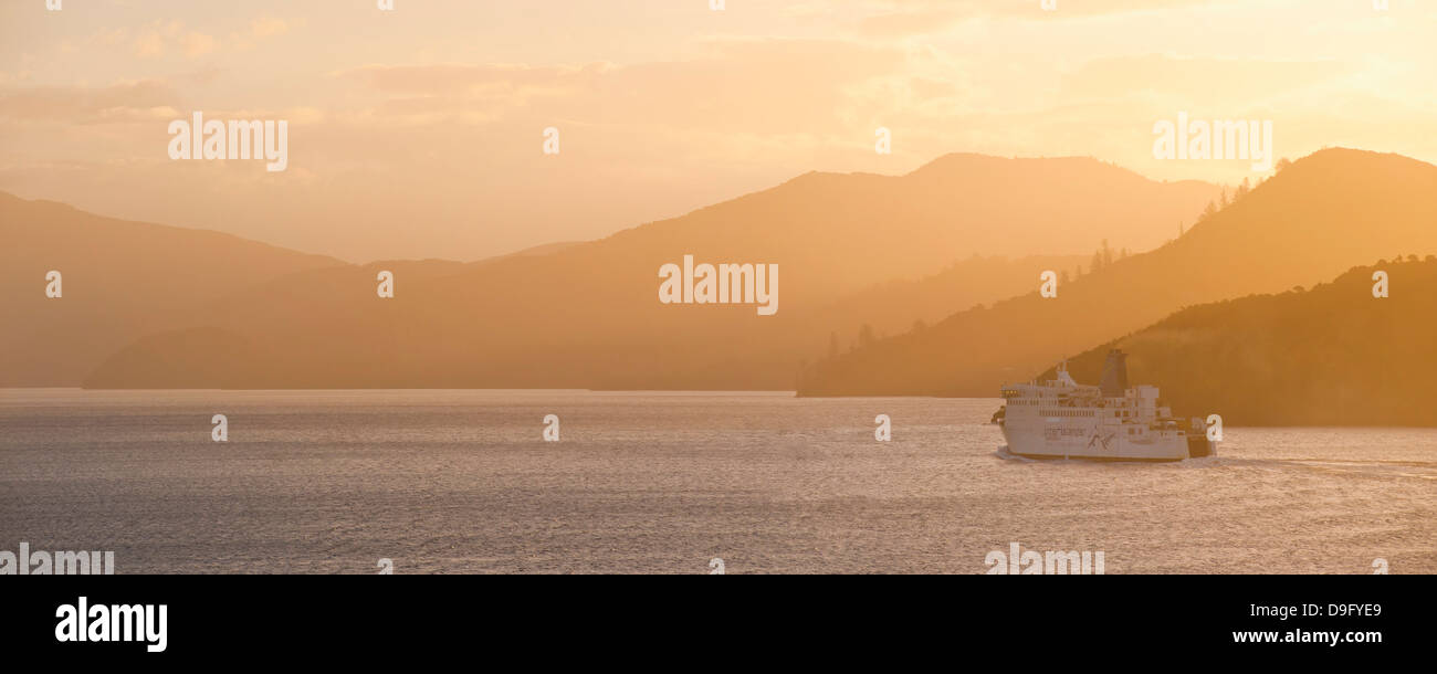 Queen Charlotte Sound at sunset, the Interislander ferry between Picton, South Island and