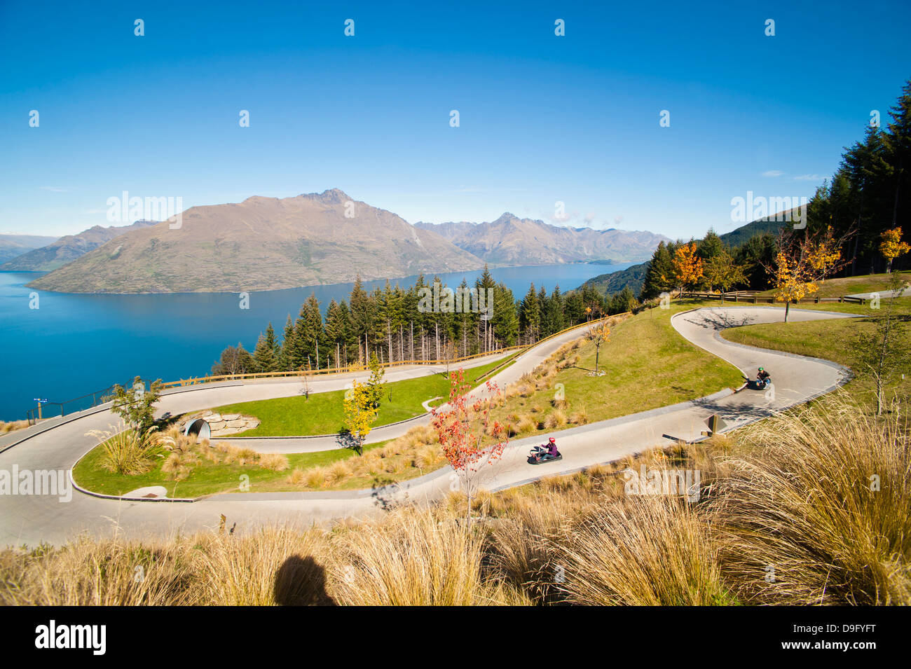 Luge track above Queenstown, Otago, South Island, New Zealand Stock Photo