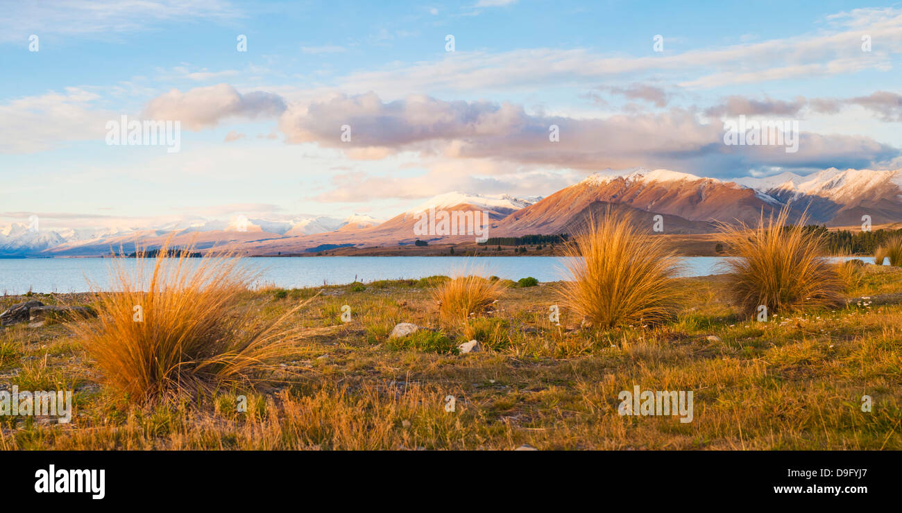 Lake Tekapo at sunset, Southern Lakes, Canterbury Region, South Island, New Zealand Stock Photo