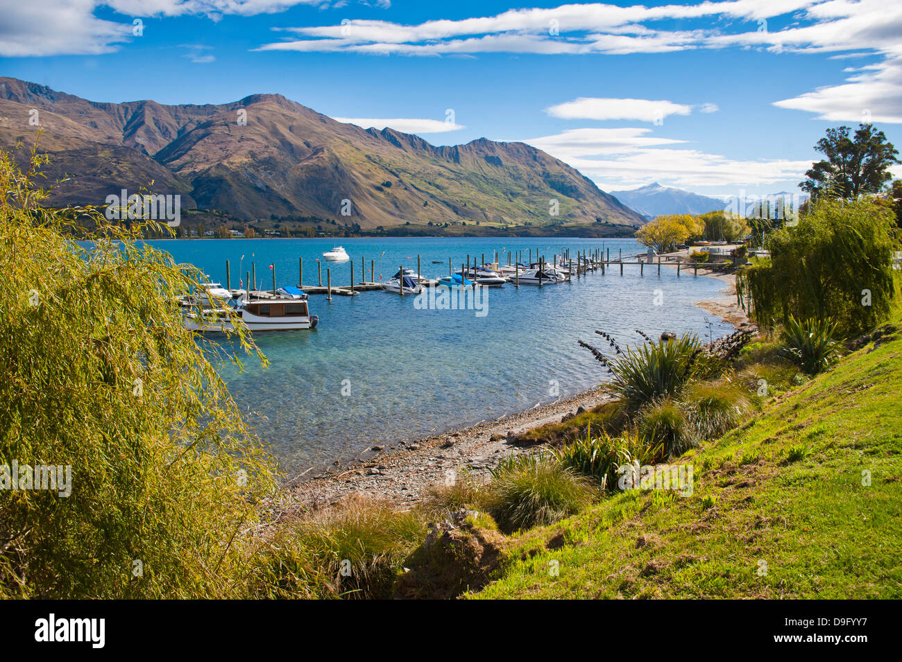 Lake Wanaka harbour sailing boats, Wanaka, South Island, New Zealand Stock Photo