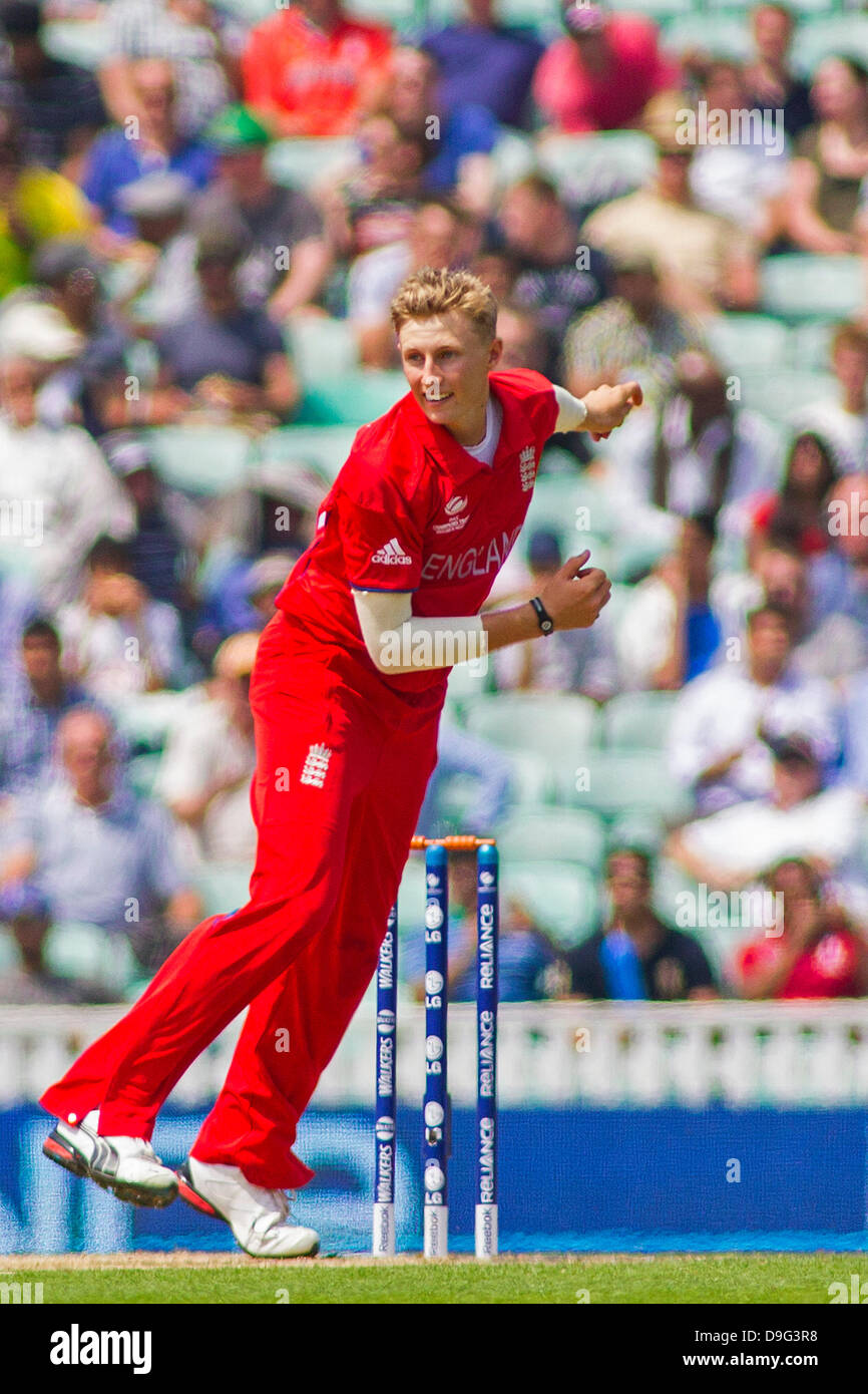 LONDON, ENGLAND - June 19: England's Joe Root bowling during the ICC Champions Trophy semi final international cricket match between England and South Africa at The Oval Cricket Ground on June 19, 2013 in London, England. (Photo by Mitchell Gunn/ESPA) Stock Photo