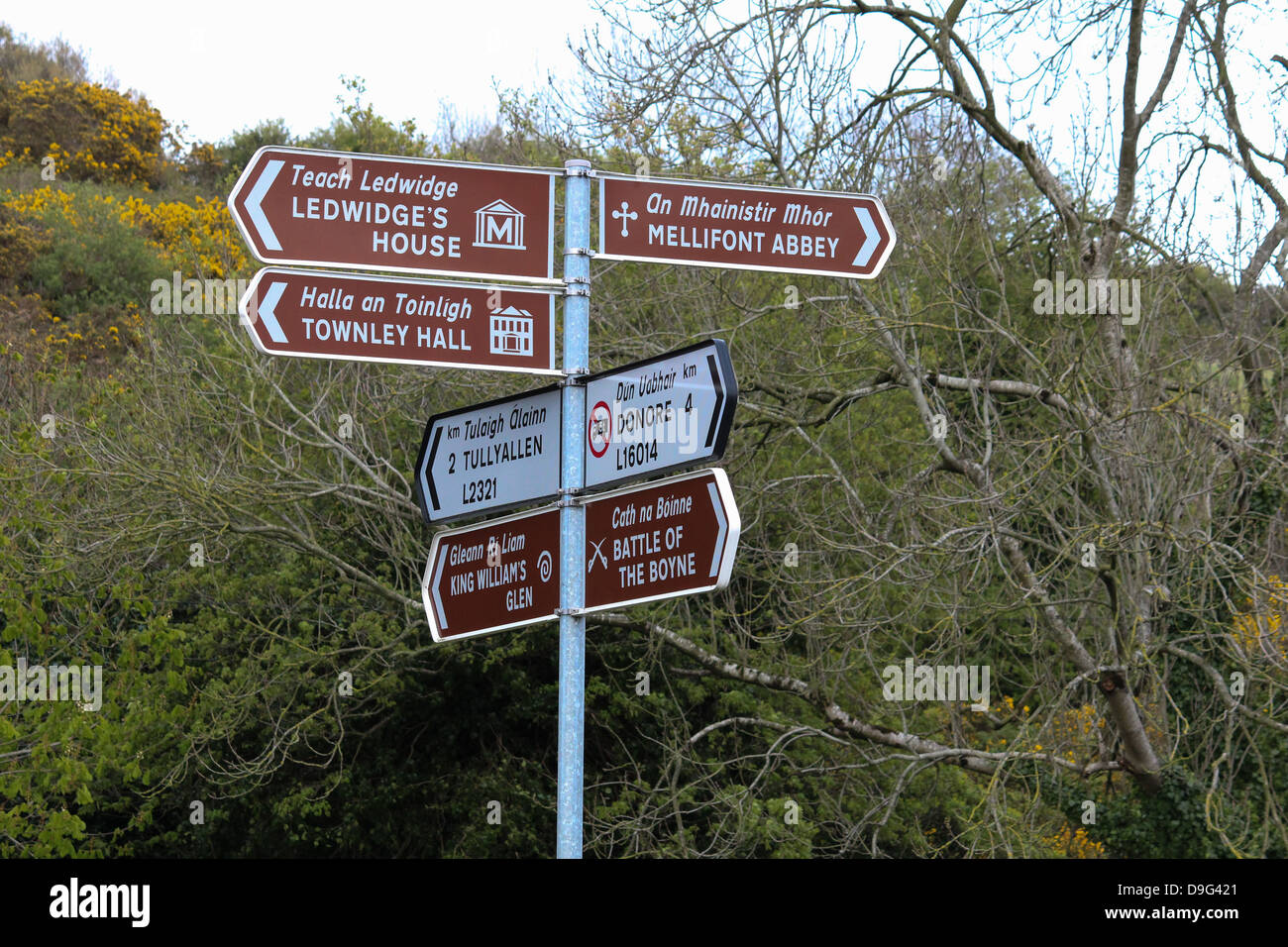 Pictured are roadsigns by the Oldbridge, Drogheda, Co. Louth. Stock Photo