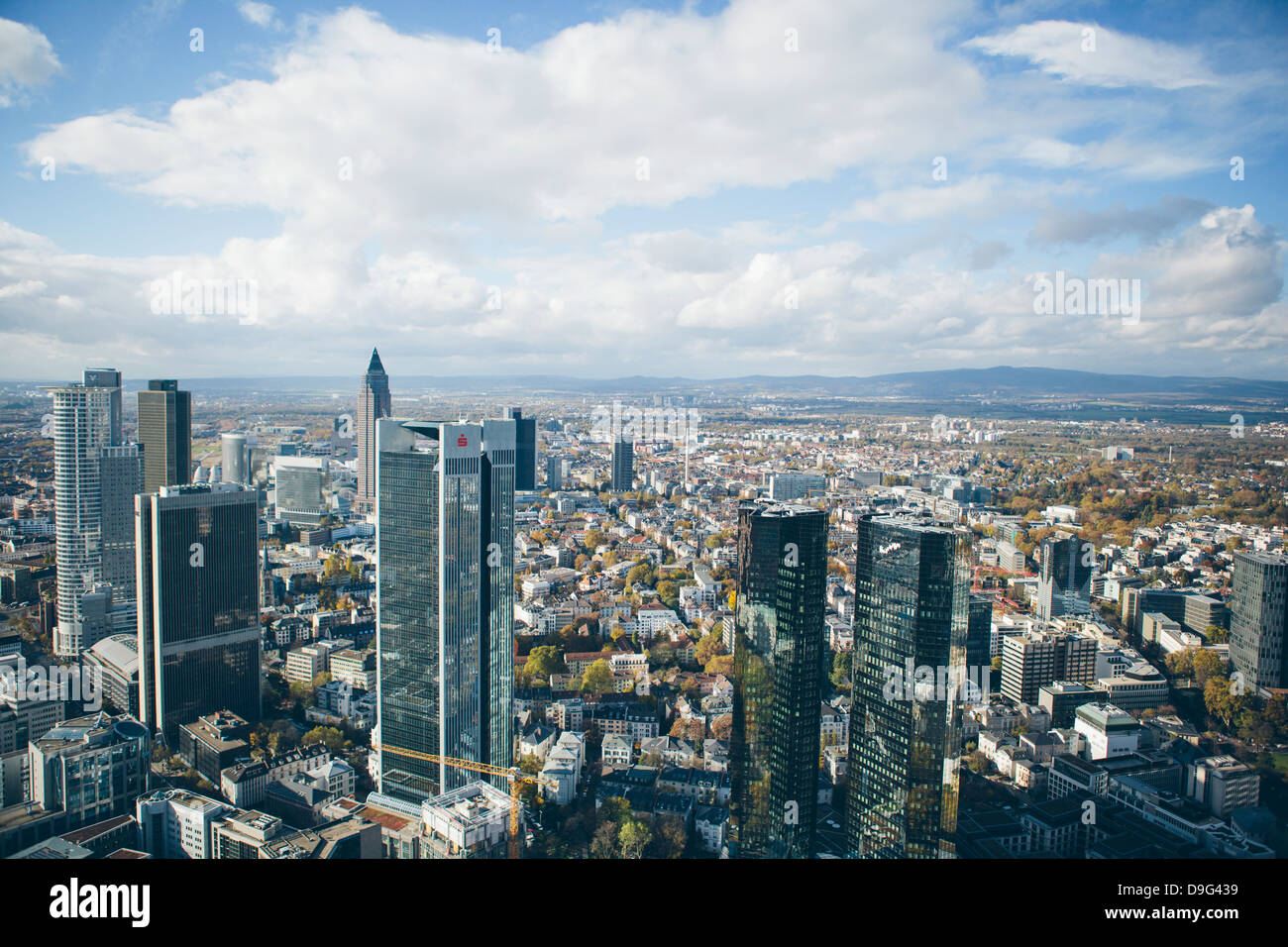High angle view of financial centre, Frankfurt-am-Main, Hesse, Germany Stock Photo
