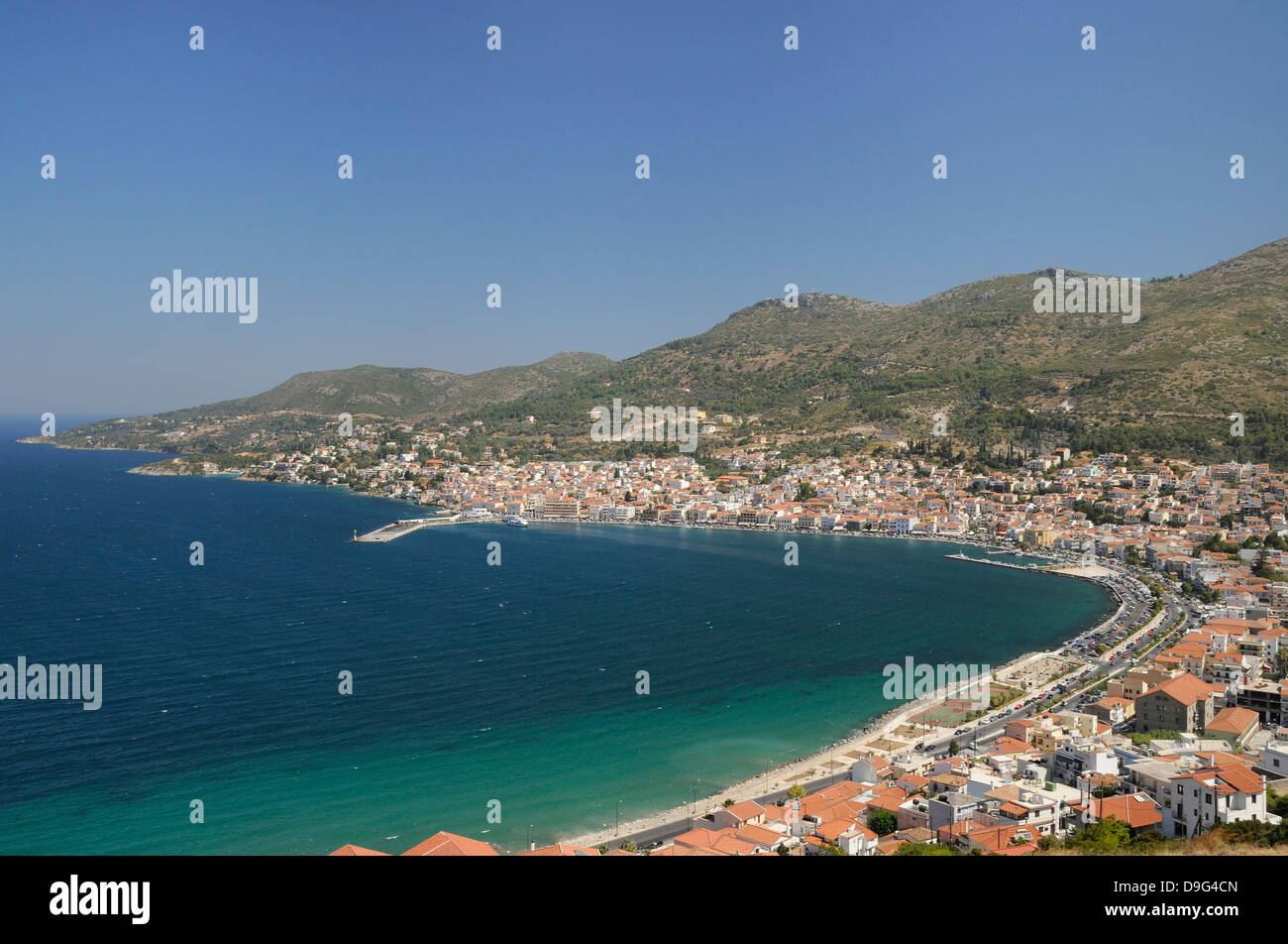 View over Samos harbour and town, Isle of Samos, Eastern Sporades, Greek Islands, Greece Stock Photo