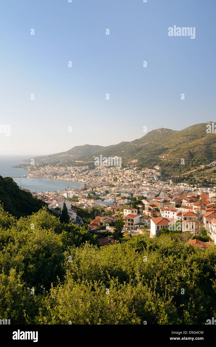 View over Samos harbour and town, Isle of Samos, Eastern Sporades, Greek Islands, Greece Stock Photo