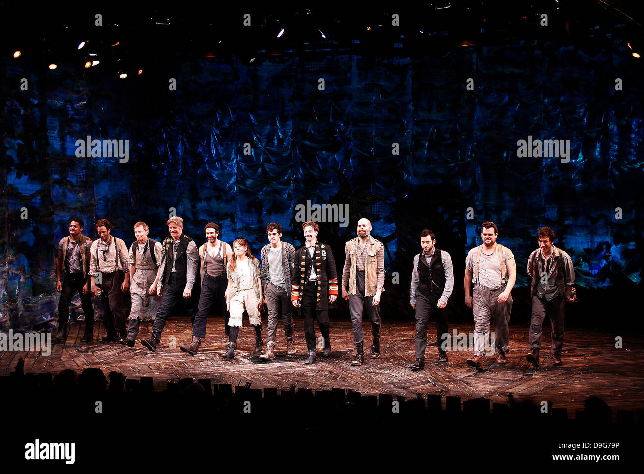 Brandon Dirden, David Rossmer, Arnie Burton, Karl Kenzler, Kevin Del Aguila, Celia Keenan-Bolger, Adam Chanler-Beret, Christian Borle, Matt D'Amico, Teddy Bergman, Greg Hildreth and Carson Elrod Opening night of the Off-Broadway production 'Peter and the Starcatcher' at the New York Theatre Workshop - Curtain Call New York City, USA - 09.03.11 Stock Photo