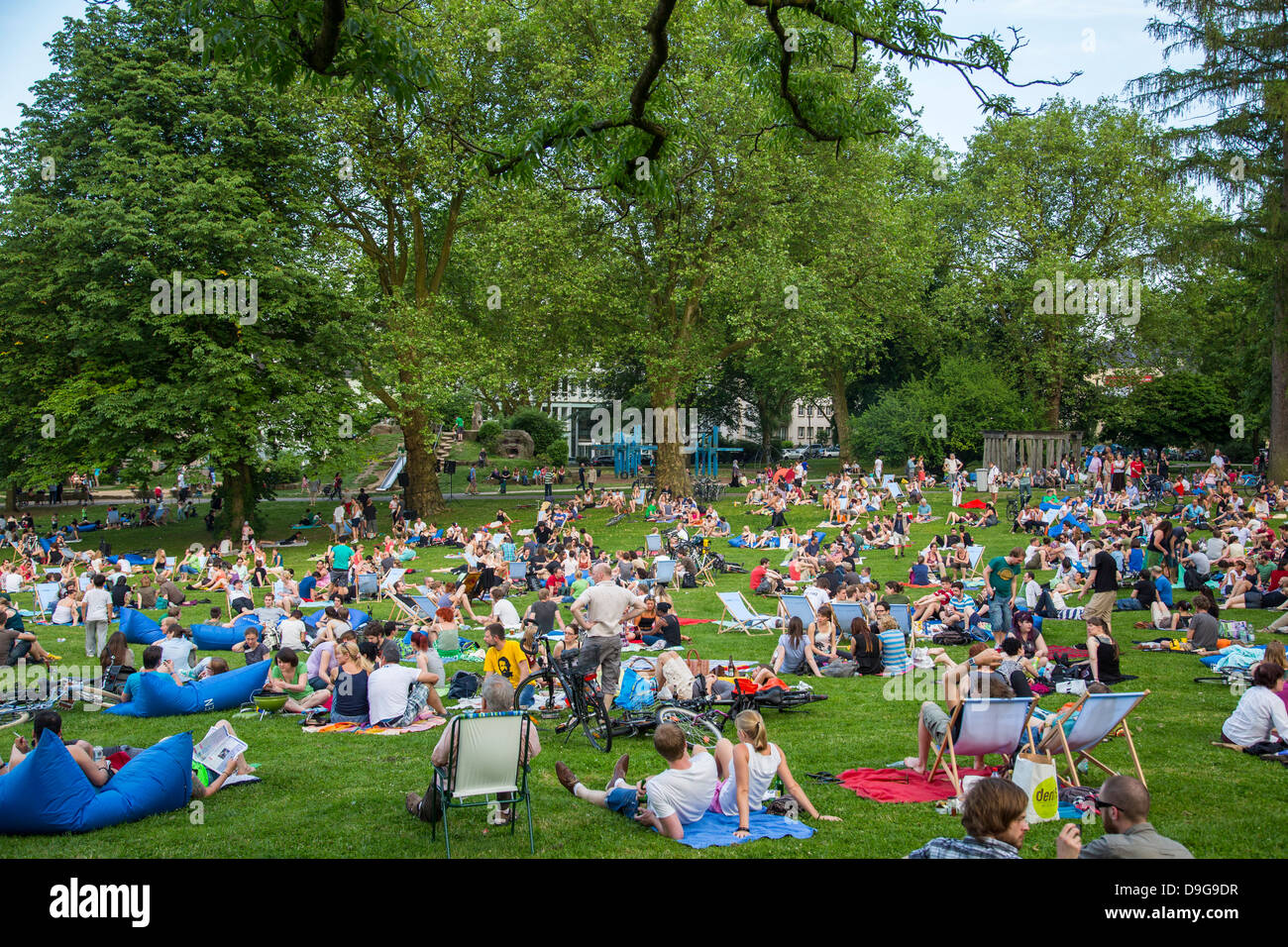 Electronic music festival in a public city park, summer festival in