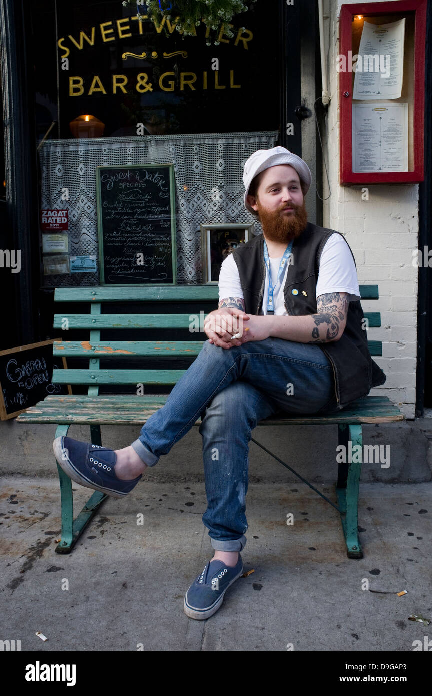 Hipster in Sweetwater Bar and Grill, Williamsburg, Brooklyn, New York Stock Photo