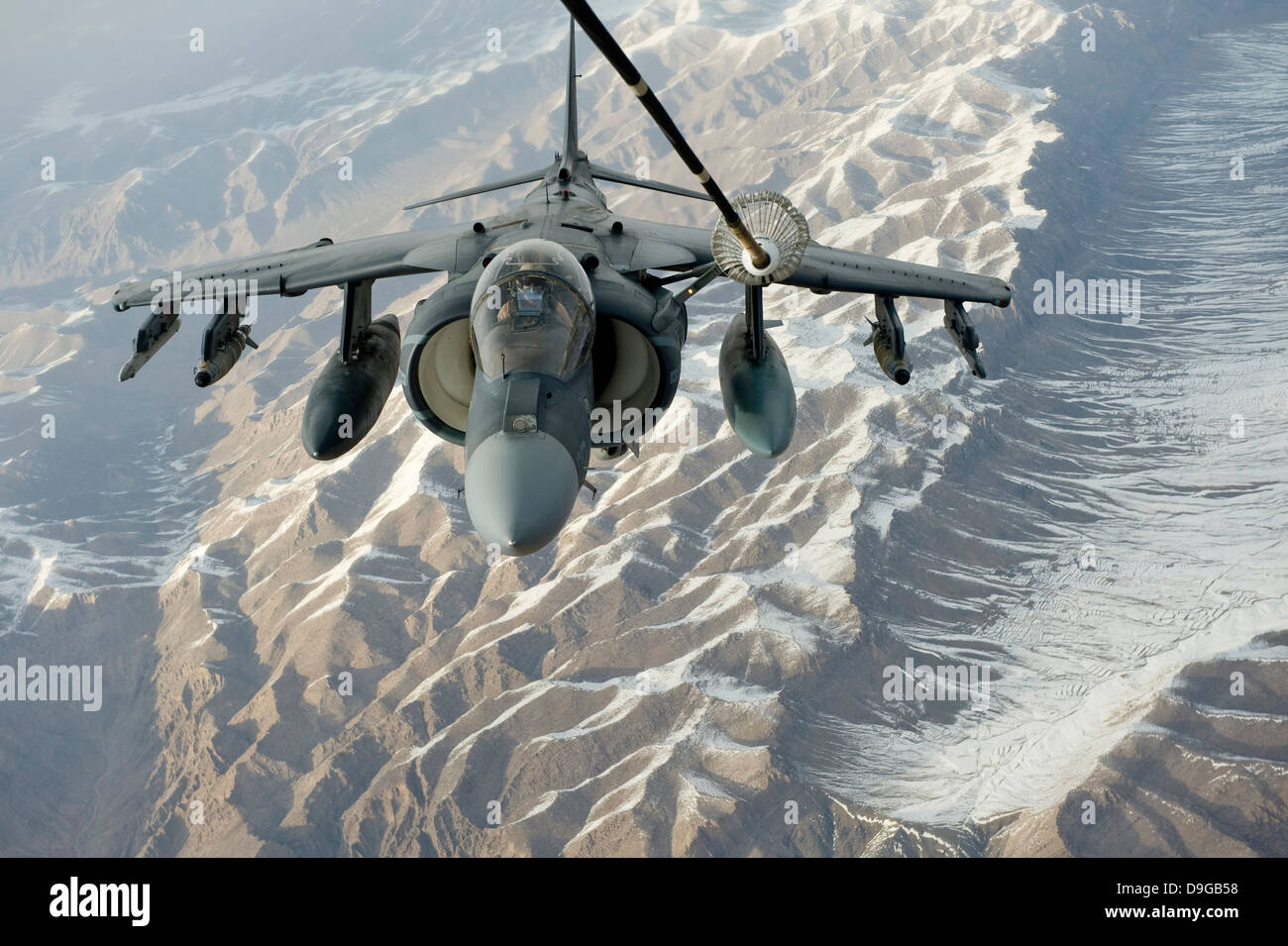 February 24, 2012 - A U.S. Marine Corps A/V-8B Harrier receives fuel over Afghanistan from a KC-10 Extender. Stock Photo