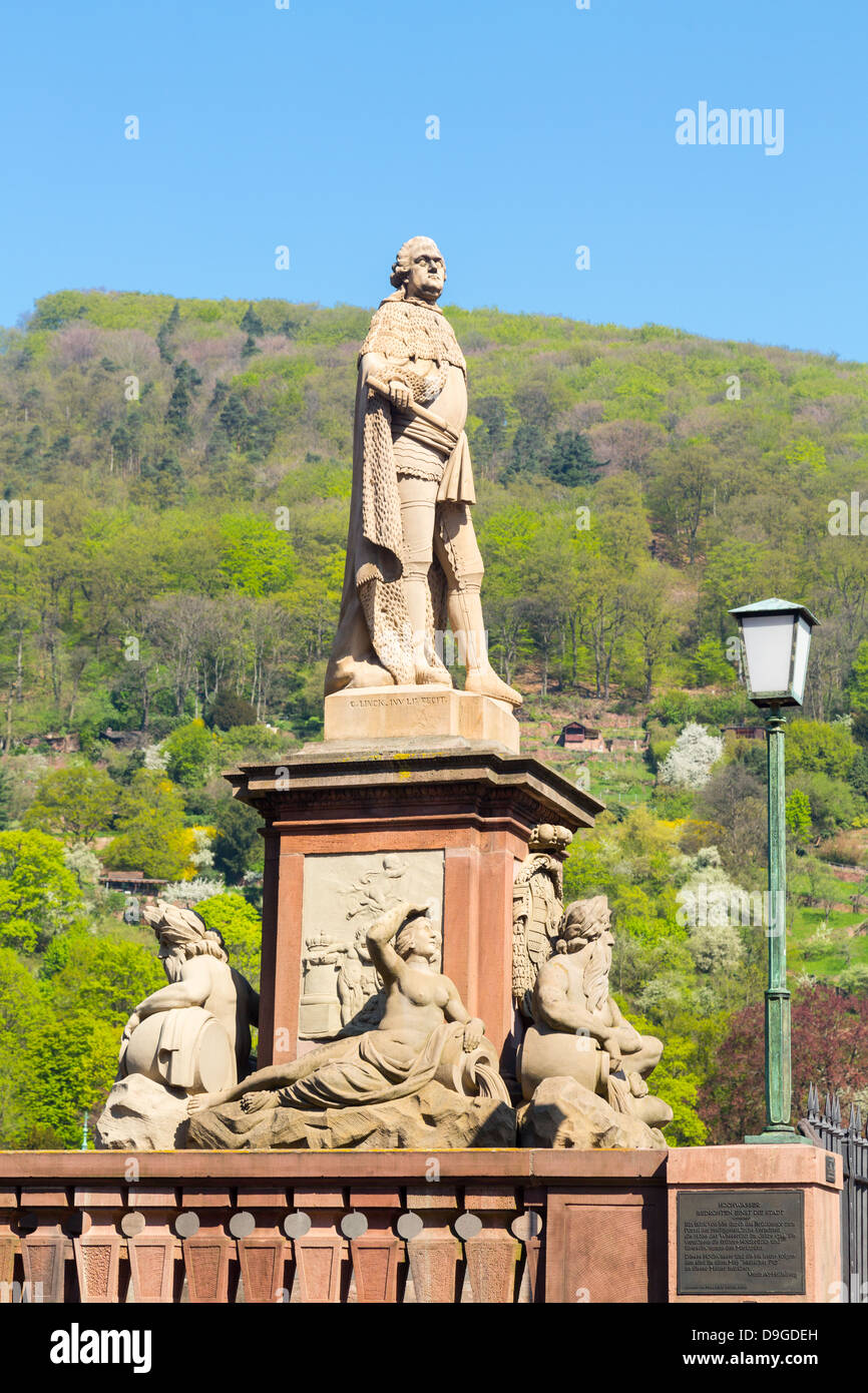 Statue of Karl Theodor from 1792 one of elector builders of old bridge leading to ancient town city of Heidelberg Germany Stock Photo