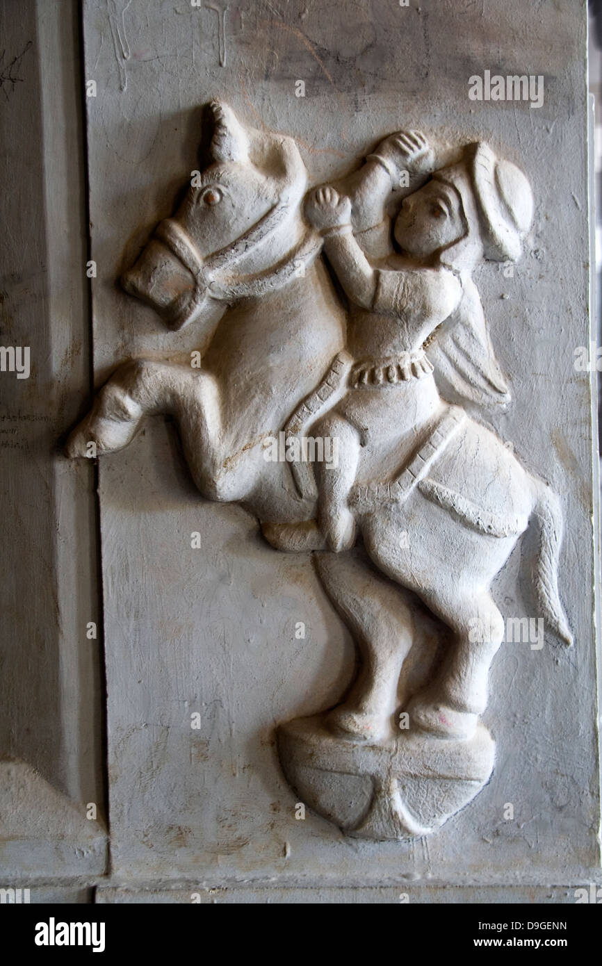 Pillar carving of valorous horse rider at Ramanath Temple, Rameshwaram, Tamil Nadu, India, Asia Stock Photo