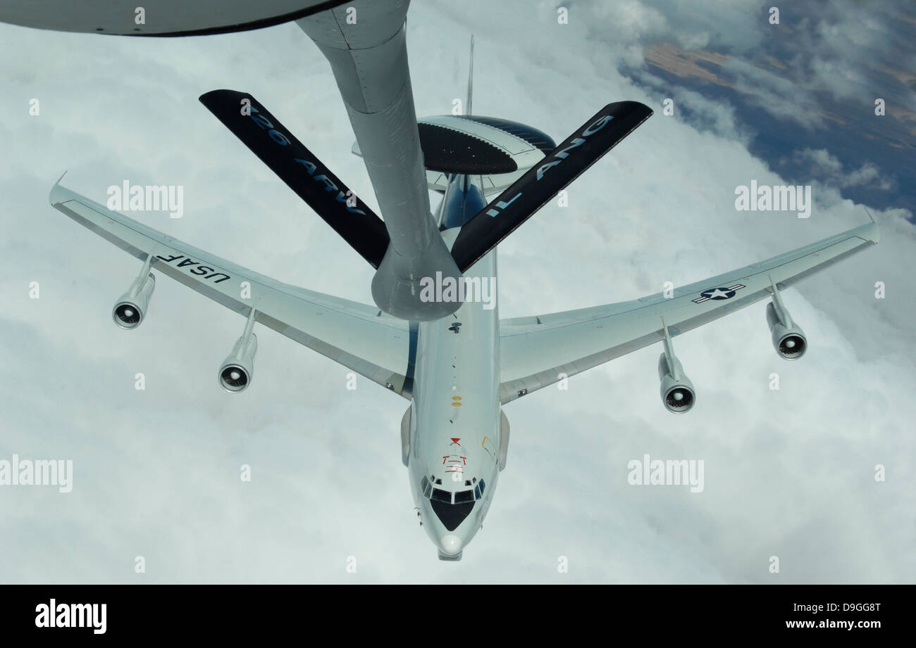 A U.S. Air Force E-3 Sentry moves into refueling position. Stock Photo