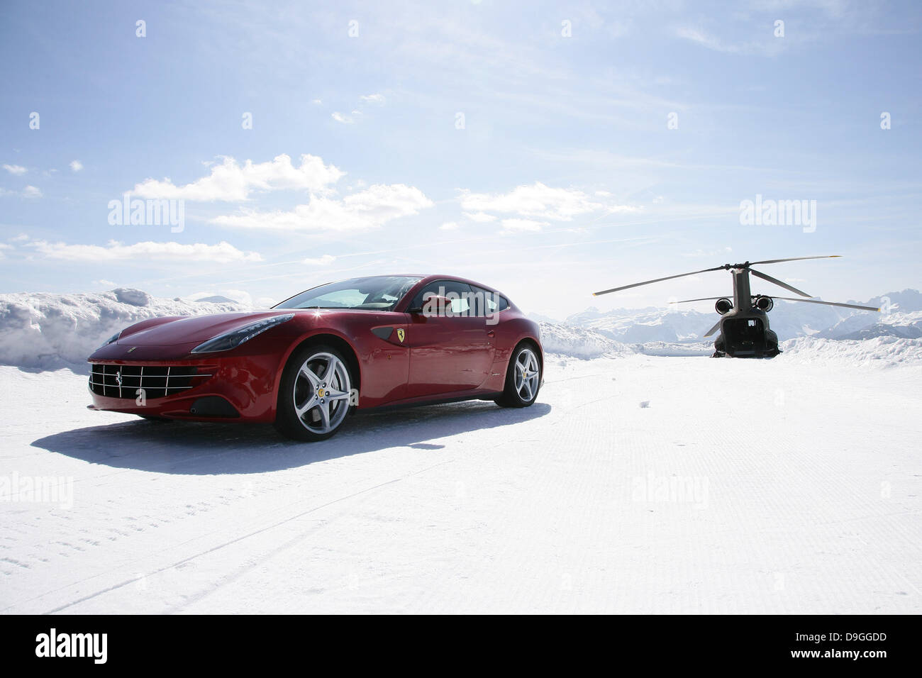 Test drive the new Ferrari on the top of Plan de Corones at 2,350 metres! Only a couple of days to go for the start of the FF tests by the press, where journalists from all over the world will drive the new V12 Ferrari for the first time on the roads of the Südtirol region: two Ferrari four-seaters with four-wheel drive have been taken to the top of Plan De Corones in the Dolomites Stock Photo