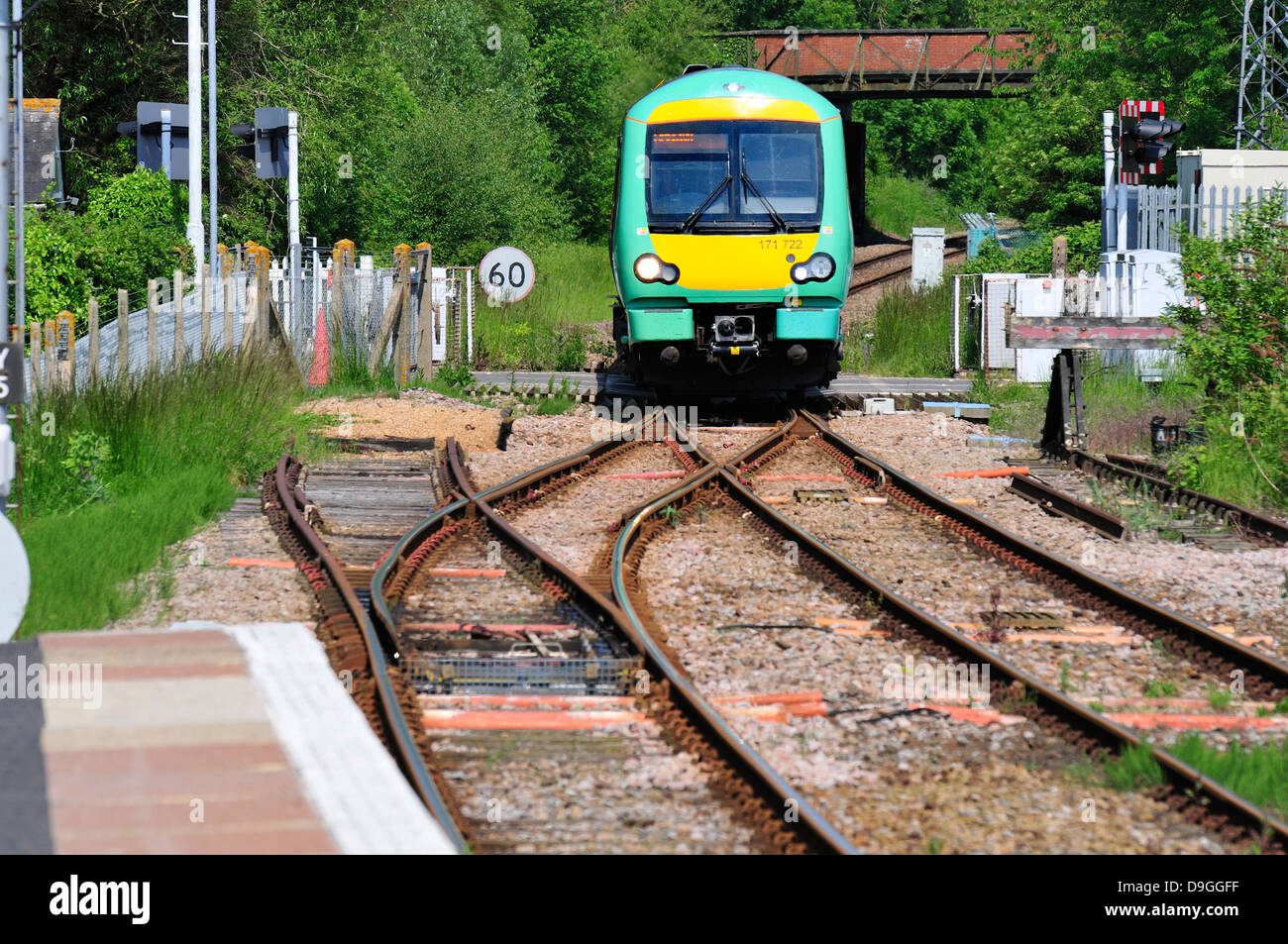 Rye, East Sussex, England, UK. 'Southern' train entering station (171 class Turbostar DMU - Diesel Multiple Unit) Stock Photo