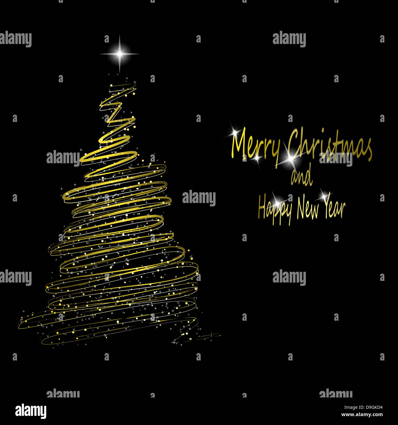 Golden Christmas tree made from gold ribbons and stars on black ...