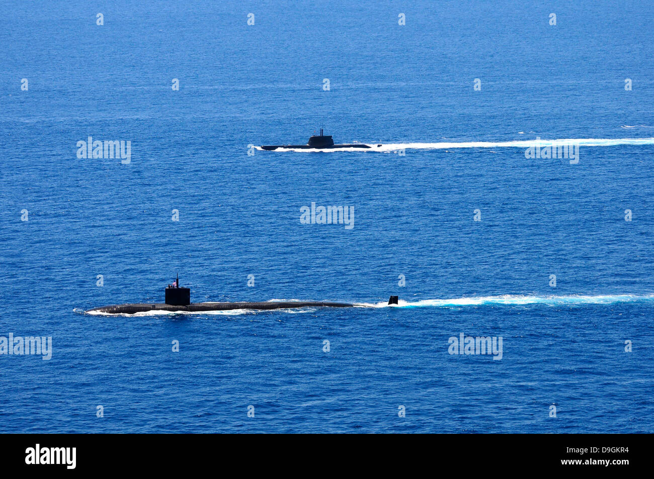 Attack submarine USS Alexandria alongside Brazilian submarine BNS Tikuna. Stock Photo