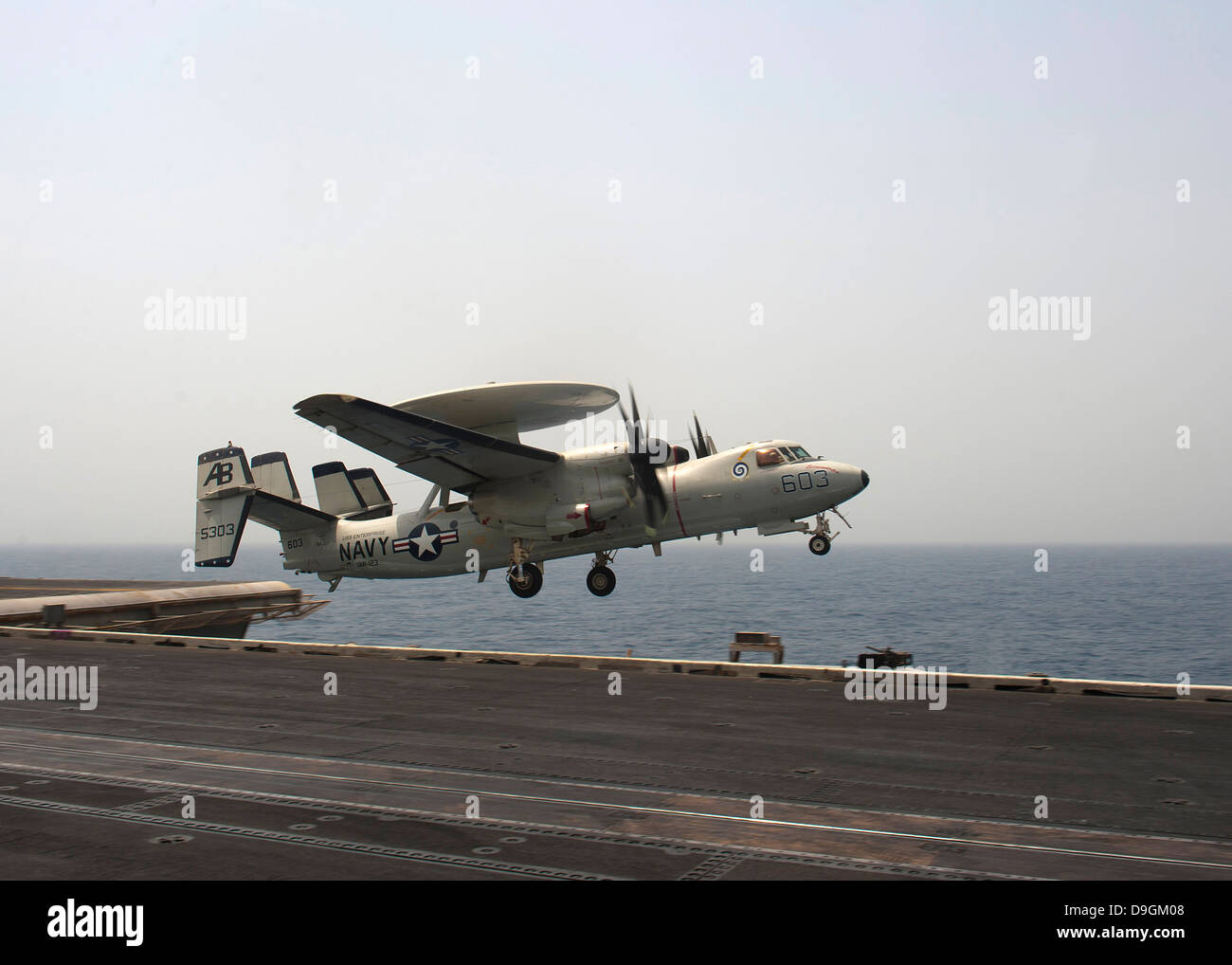 August 15, 2012 - An E-2C Hawkeye takes off from the flight deck of the aircraft carrier USS Enterprise (CVN 65). Stock Photo