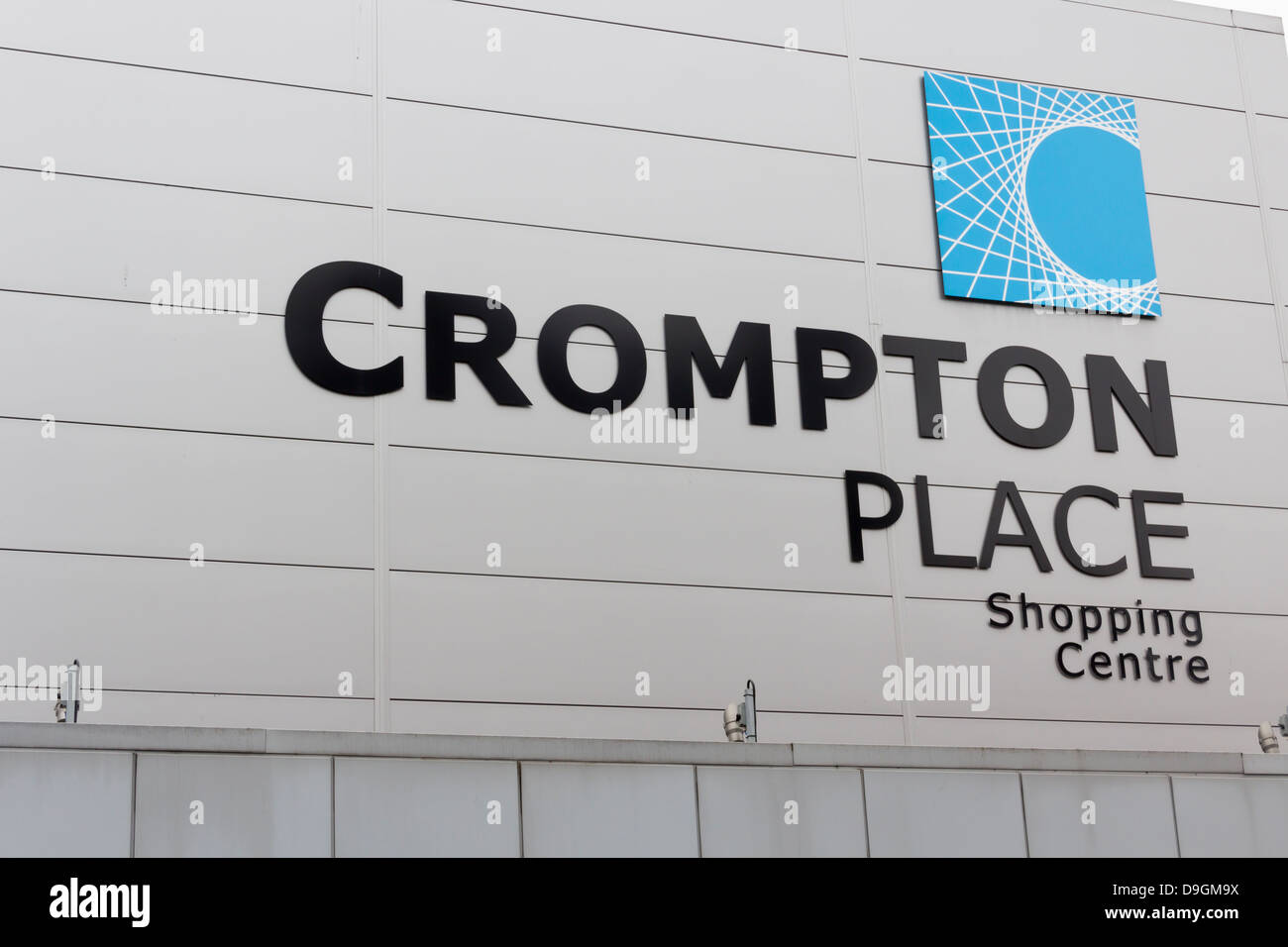 Large signage and logo on the Bradshawgate facade of Crompton Place Shopping Centre in Bolton, named after Samuel Crompton. Stock Photo