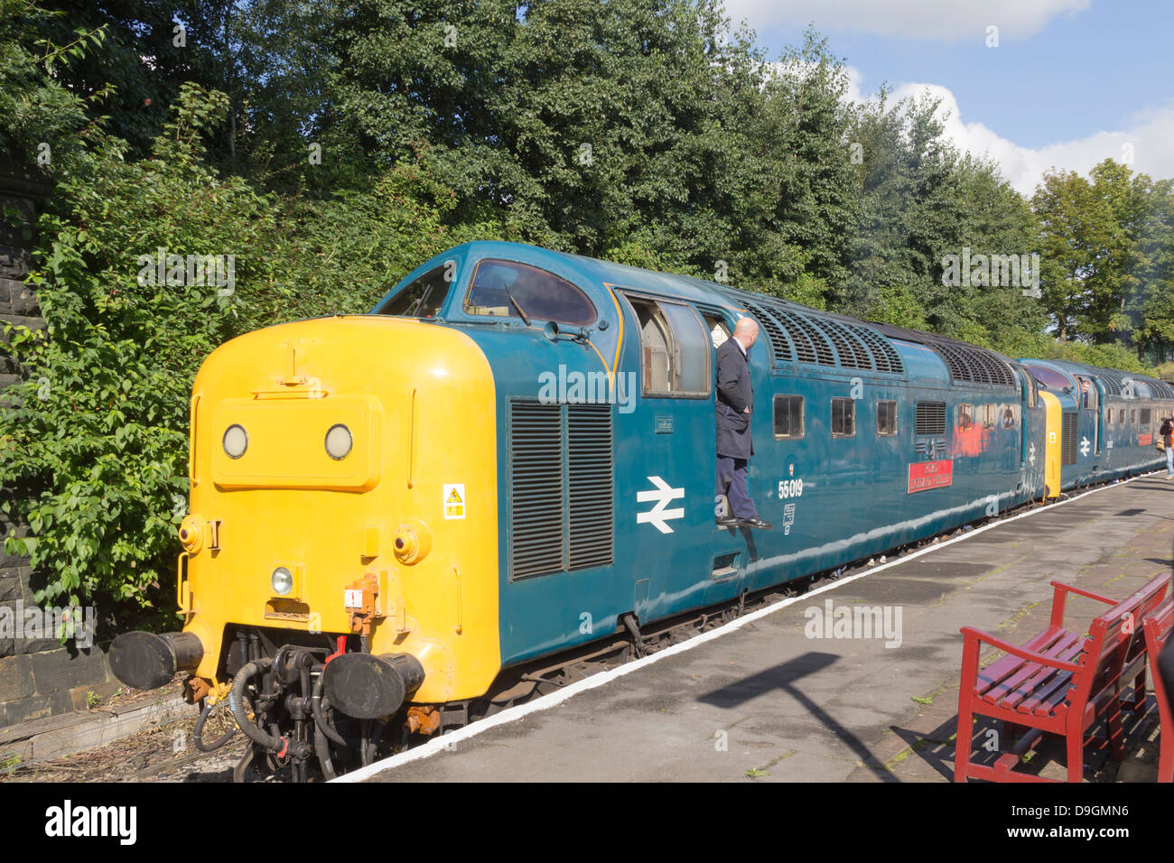 Two English Electric Type 5, class 55 'Deltic' diesel-electric railway engines on the East Lancashire Railway heritage line. Stock Photo