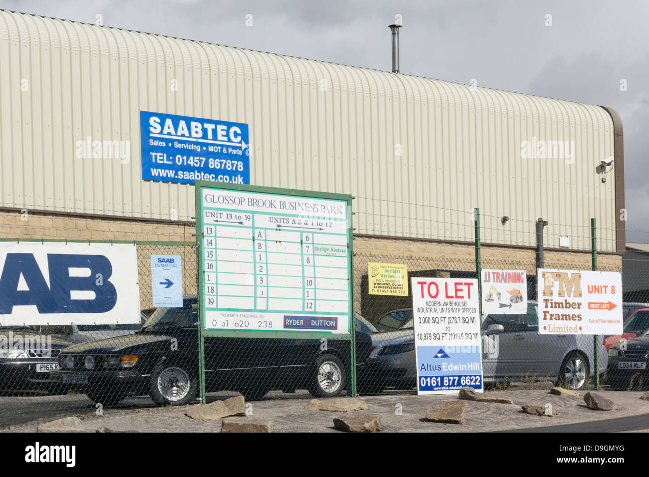 Saabtec premises and business unit directory signpost for Glossop Brook Business Park in Glossop, Derbyshire. Stock Photo