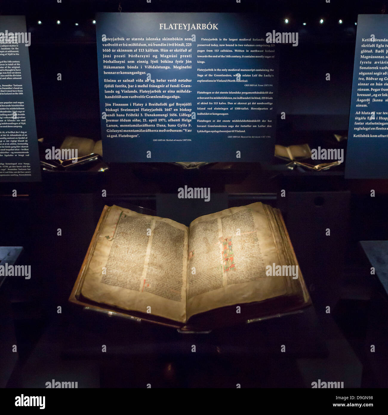 Pages of medieval manuscripts dated back to the 13th century.  The Cultural House (Thjodmenningarhusid) Reykjavik, Iceland . Stock Photo