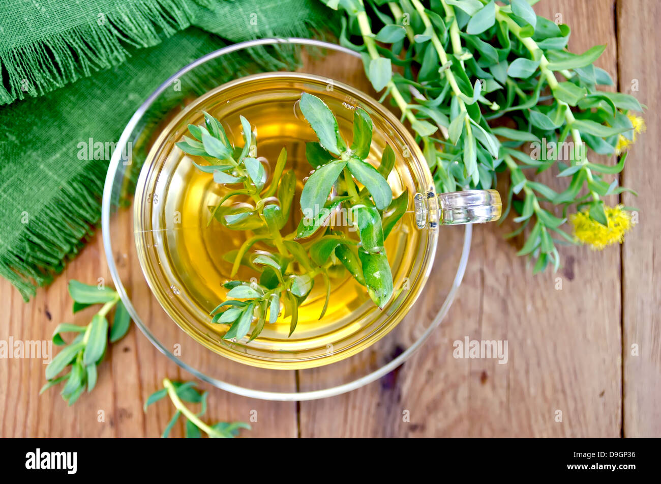 Healing herbal tea in glass cup with flowers Rhodiola rosea, green ...