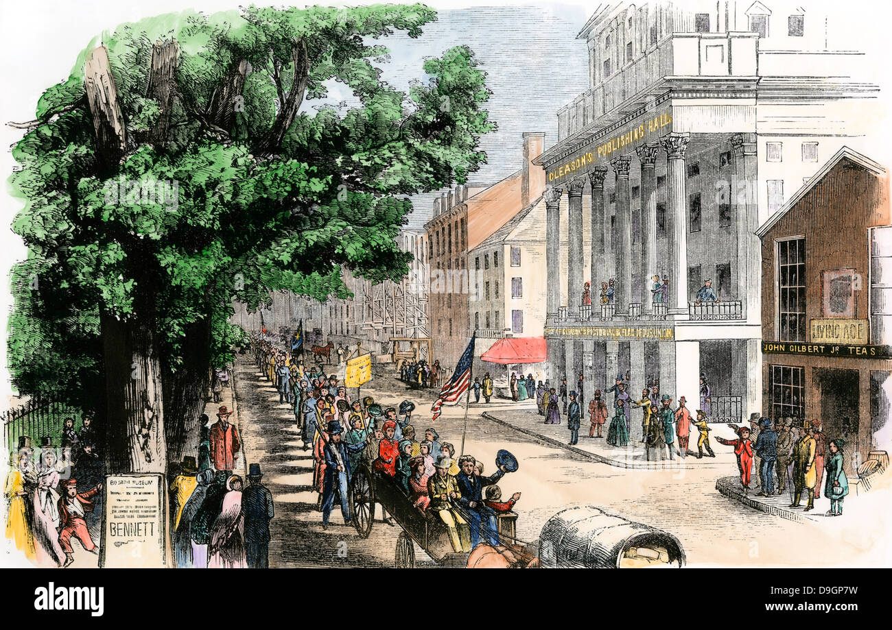 Swedish immigrants passing through Boston, bound for the Midwest, 1850s. Hand-colored woodcut Stock Photo