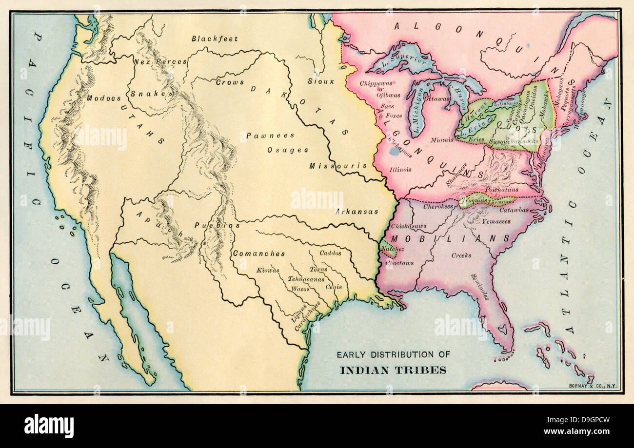 Map of Native American locations, circa 1700. Color lithograph Stock Photo