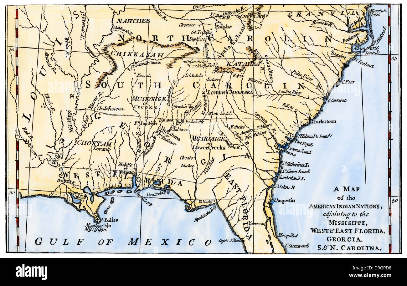 Map of southeastern Native American Nations about 1776. Hand-colored woodcut Stock Photo