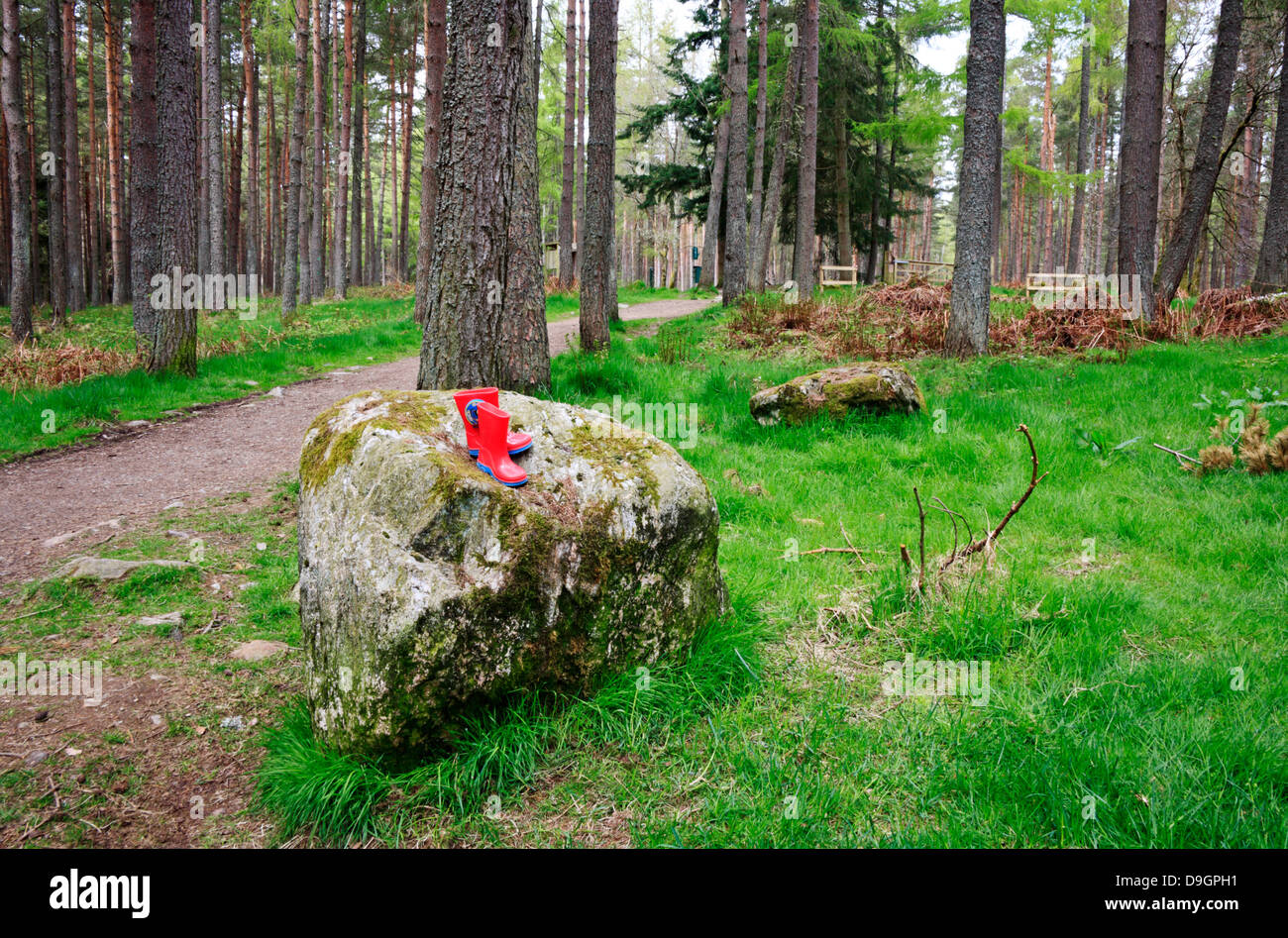 A pair of kiddies red wellington boots left on a granite boulder in a ...