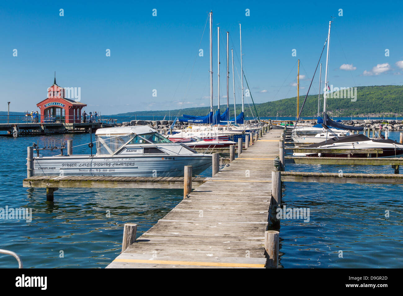 Waterfront harbor area on Seneca Lake in Watkins Glen in the Finger Lakes region of New York Stock Photo