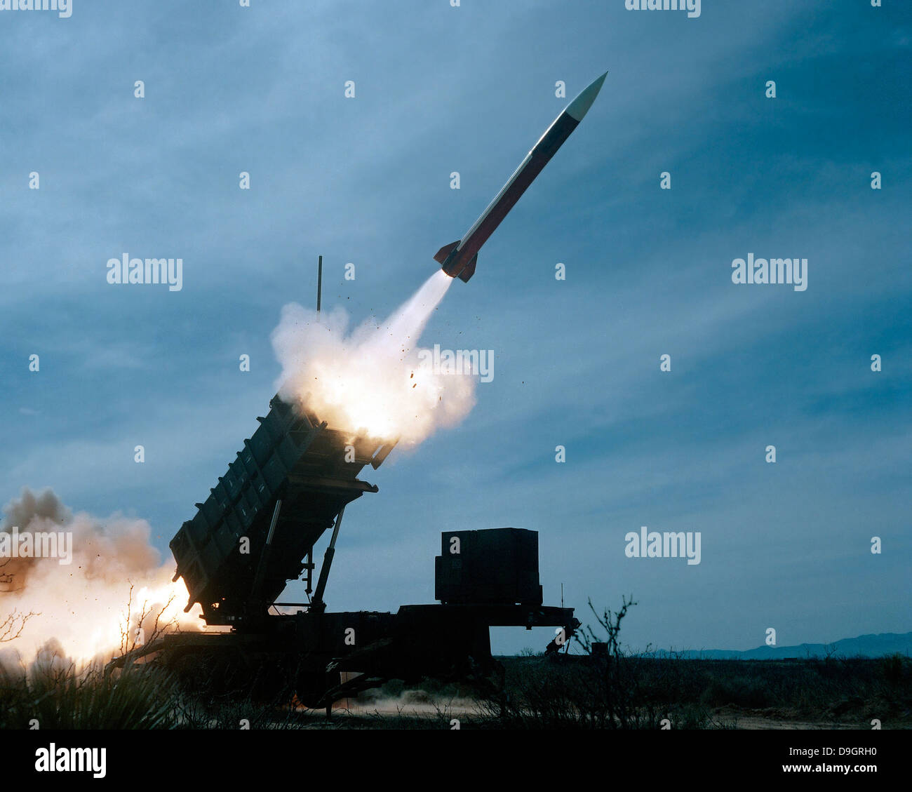 An MIM-104 Patriot missile is test fired. Stock Photo