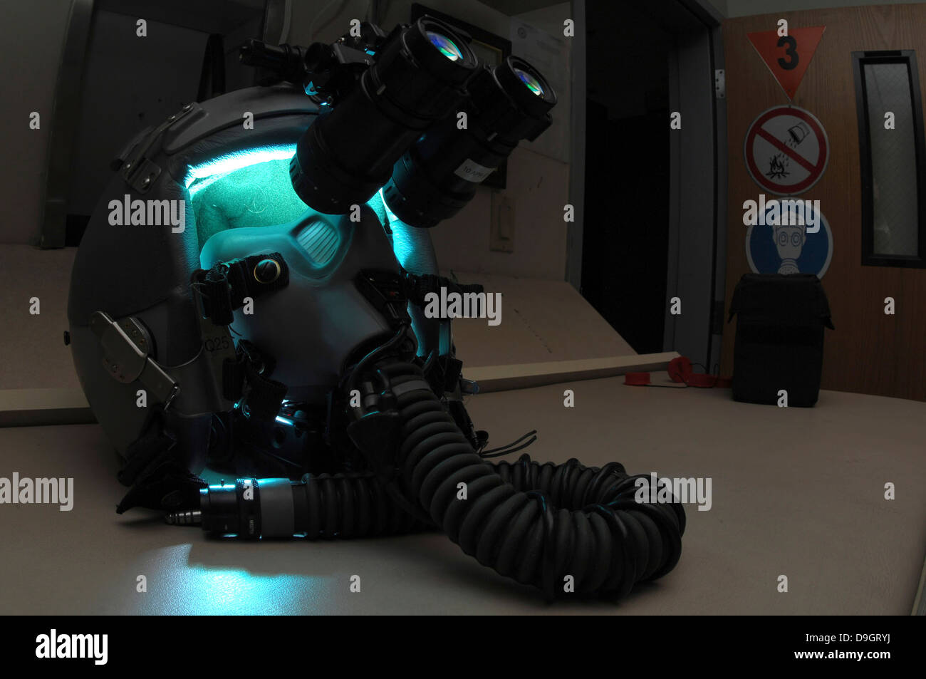 AN/AVS9 Night Vision Goggles sit atop a fighter pilot's helmet in the