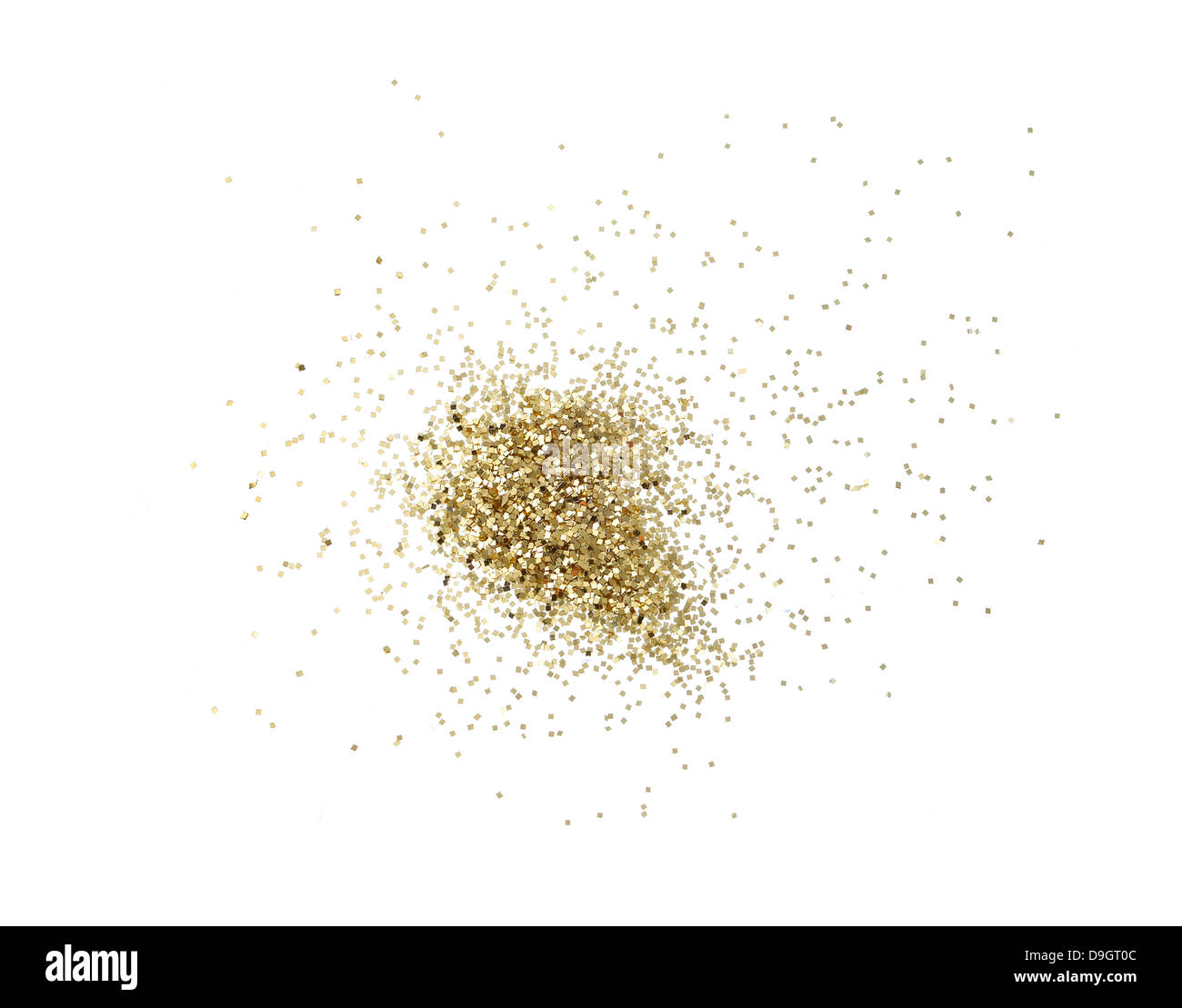 loose pile of gold glitter cut out onto a white background Stock Photo