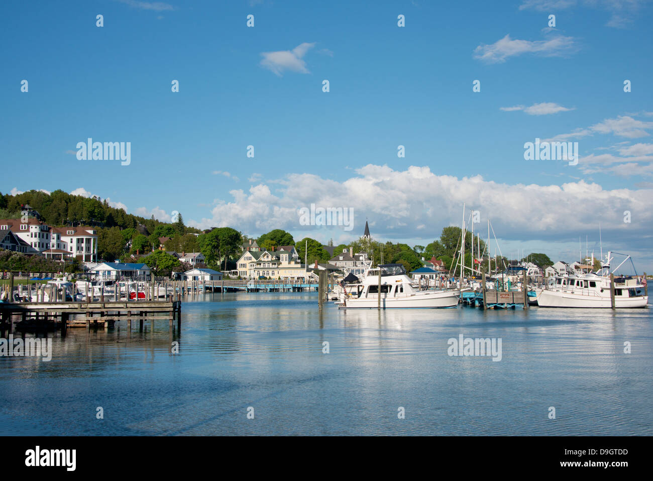 Michigan, Lake Huron, Mackinac Island. Port and marina area of downtown Mackinac and Haldimand Bay. Stock Photo