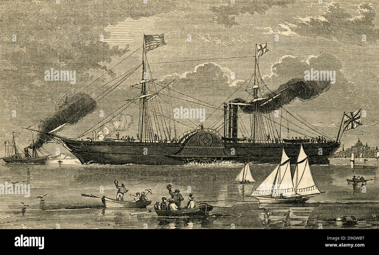 1854 engraving, Royal Mail Steamship 'America,' Leaving Boston, Massachusetts. Stock Photo