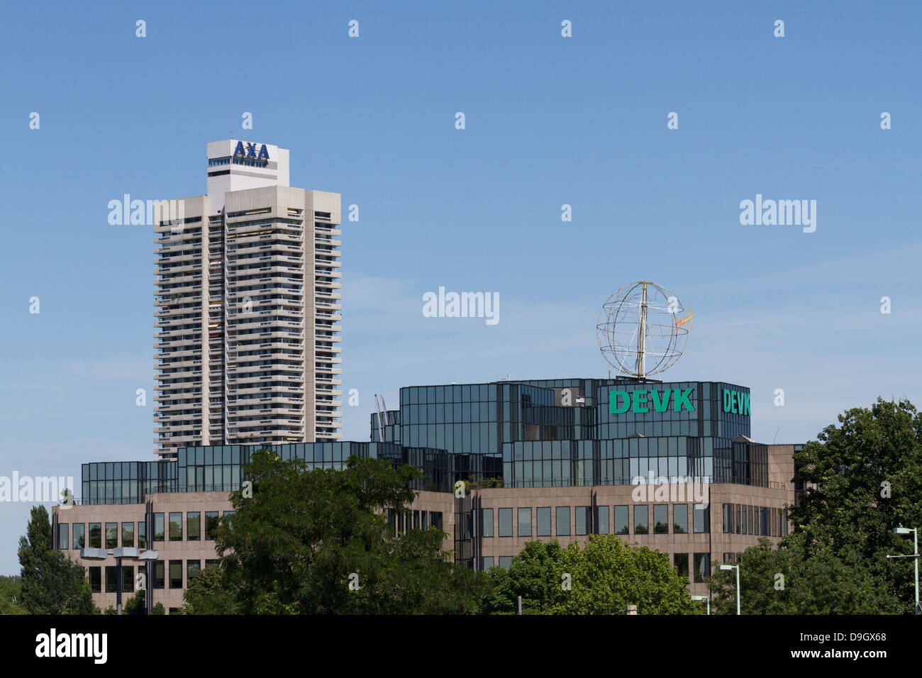 Axa Colonia, Insurance Tower, DEVK Headquarter, Insurance Building, With the Kölner Kugel by Artist HA Schult, Cologne, Germany Stock Photo