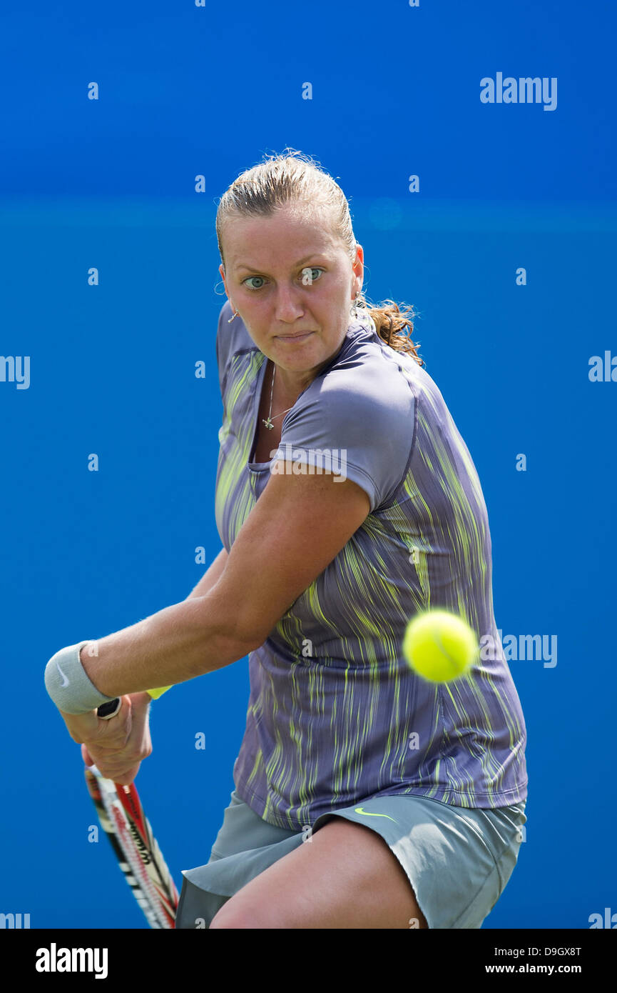 Eastbourne, UK. 19th June 2013. Aegon International 2013 - Day 5. Petra Kvitova of the Czech Republic in action hitting a double handed backhand in her match against Yanina Wickmayer of Belgium on centre court. Wickmayer won the match in three sets. Credit:  Mike French/Alamy Live News Stock Photo