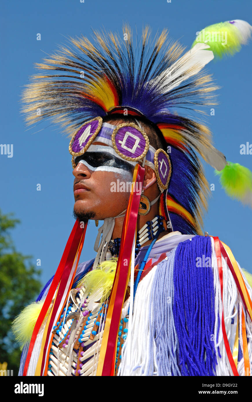 Native American man celebrates Powwow in Ontario, Canada Stock Photo