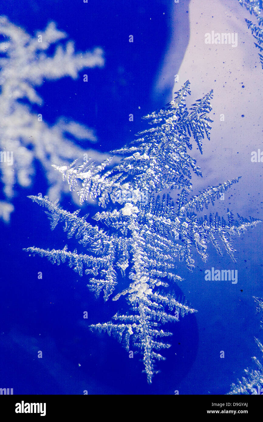 ice crystal on window glass with blue background Stock Photo