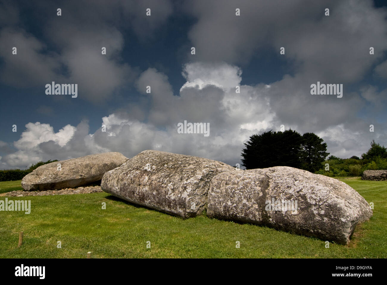 big Menhir of Locmariaquer; broken into three pieces liegender grosser Menhir von Locmariaquer, zerbrochen in drei Teile Stock Photo