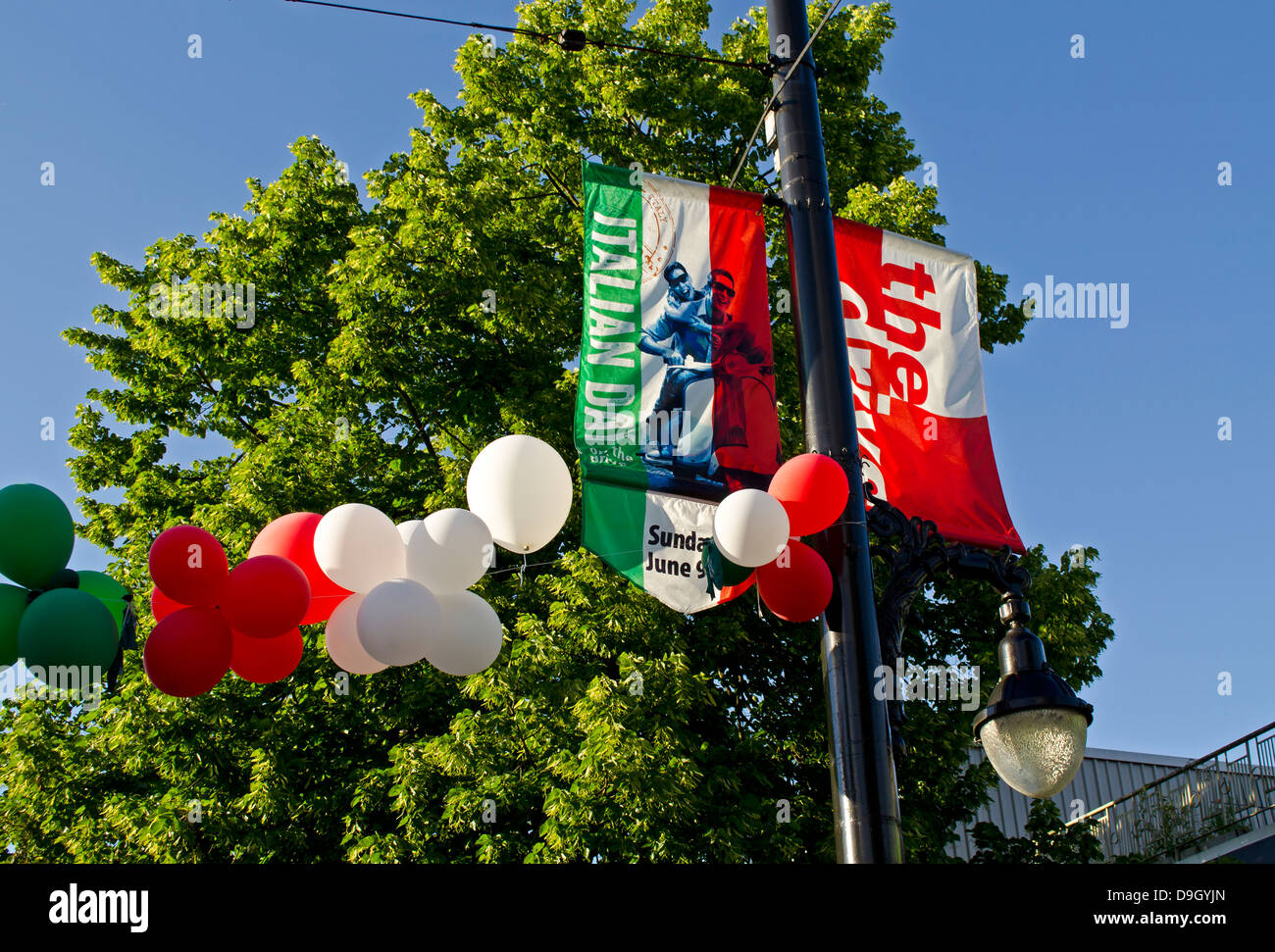 Colourful banners and balloons mark Italian Day 2013 on Commercial Drive in Vancouver, BC, Canada. Stock Photo