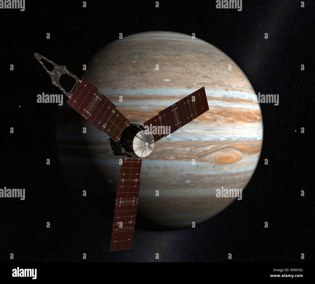 Artist's concept of the Juno spacecraft in orbit around Jupiter. Stock Photo