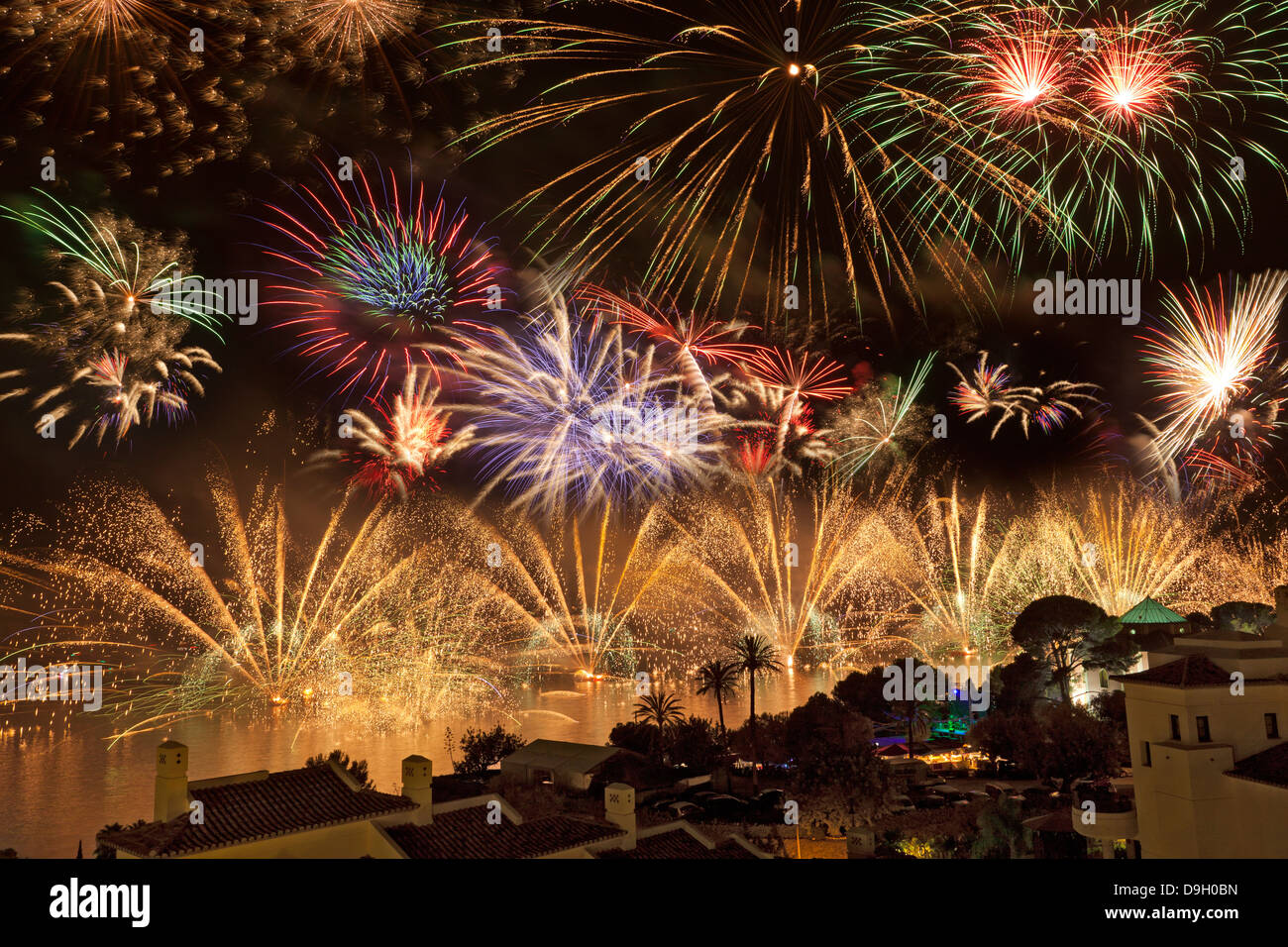 Beautiful fireworks above La Olla bay and it's residential buildings