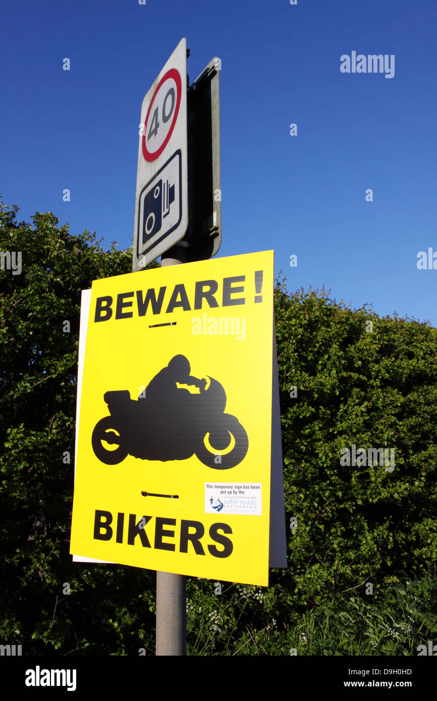 'Beware Bikers' sign and 40mph speed limit on the A52 in the Derbyshire countryside Stock Photo