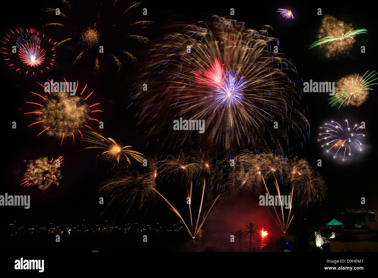Beautiful fireworks above La Olla bay in Altea, Costa Blanca, Alicante