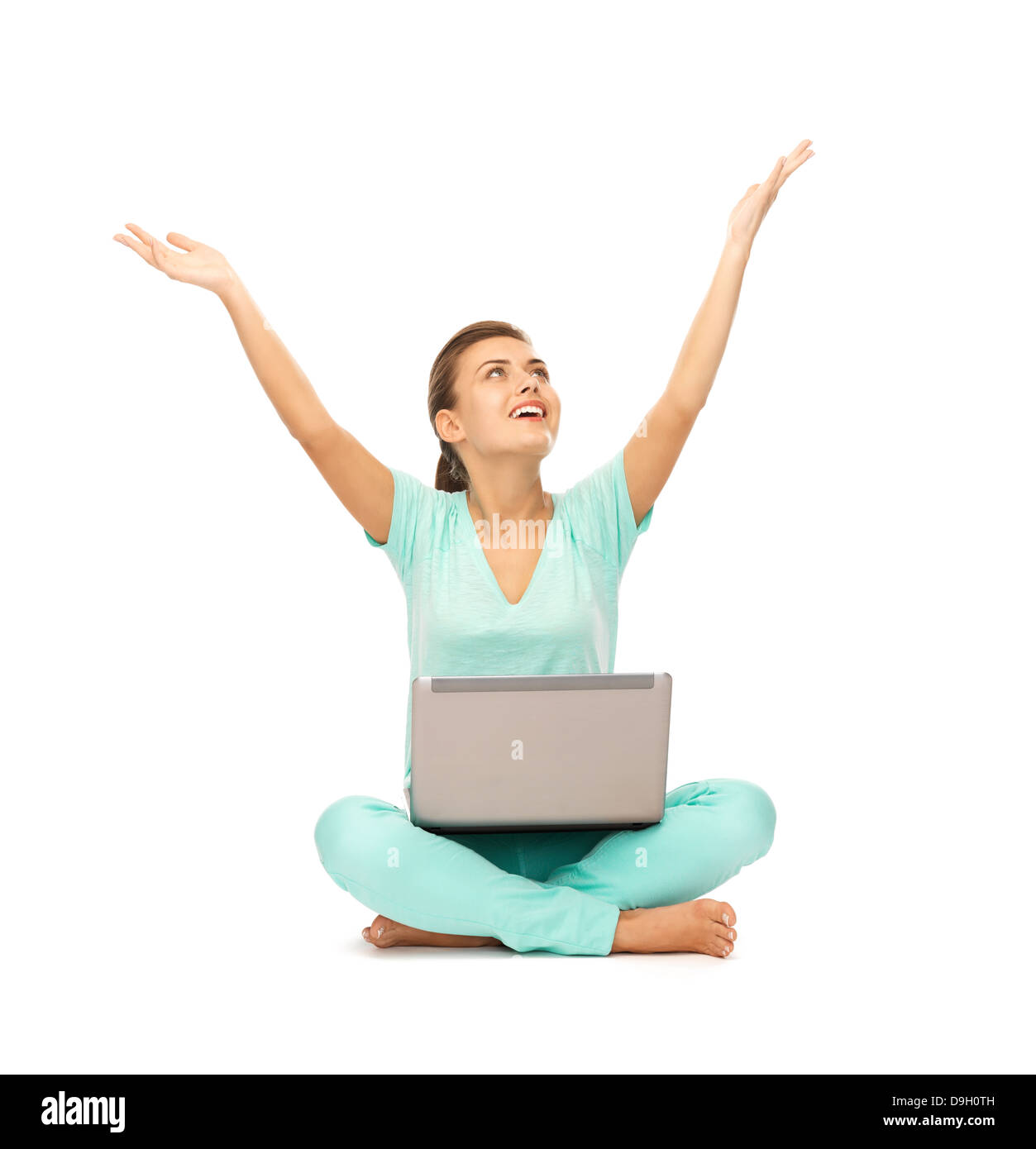 happy girl sitting on the floor with laptop Stock Photo - Alamy